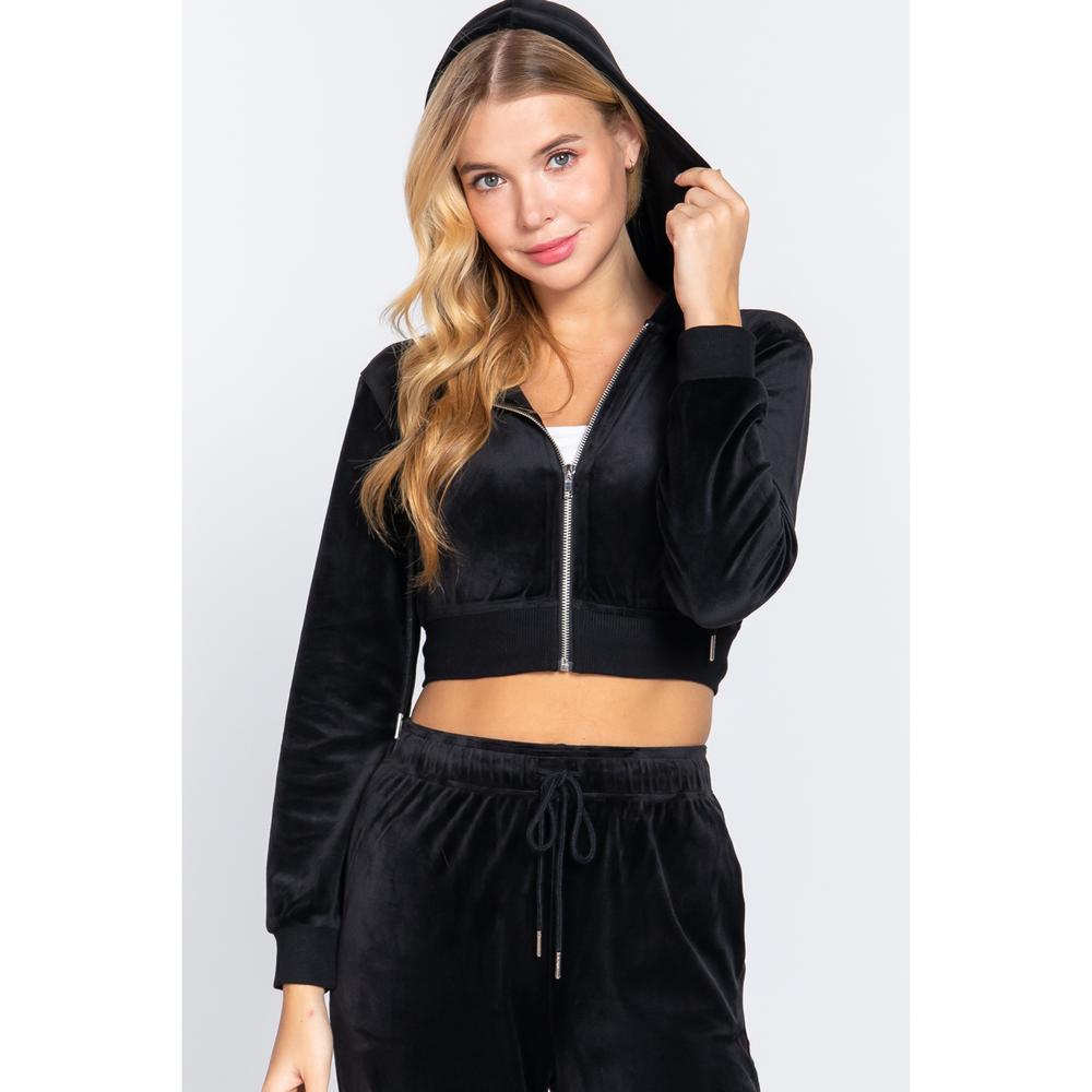 Long Slv Velour Hoodie Crop Jacket - Picture 1 of 7